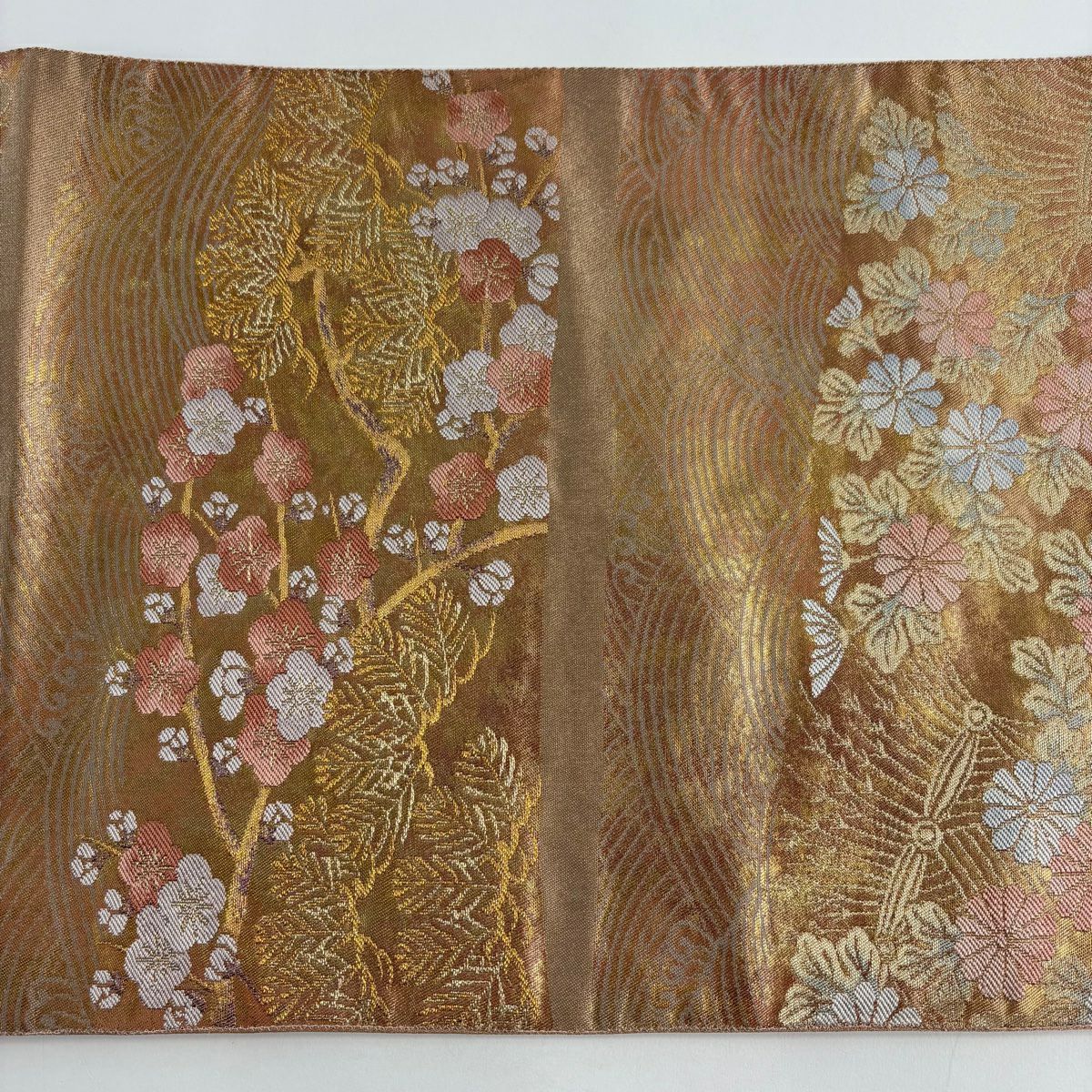【美品】 袋帶 秀品級 關西仕立 雜梅花 菊花花 金絲 金金箔 橙色 六通 純蠶絲