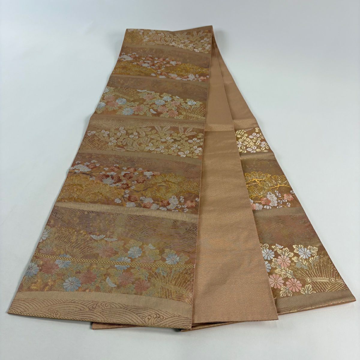 【美品】 袋帶 秀品級 關西仕立 雜梅花 菊花花 金絲 金金箔 橙色 六通 純蠶絲