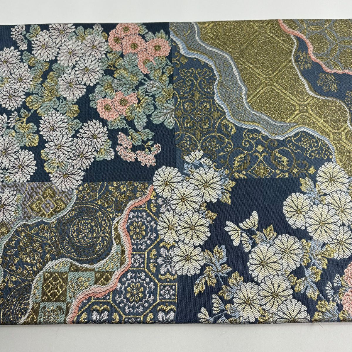 袋帶 秀品級 菊花 蜀江華紋 金銀彩 金金箔 深藍 六通 純蠶絲