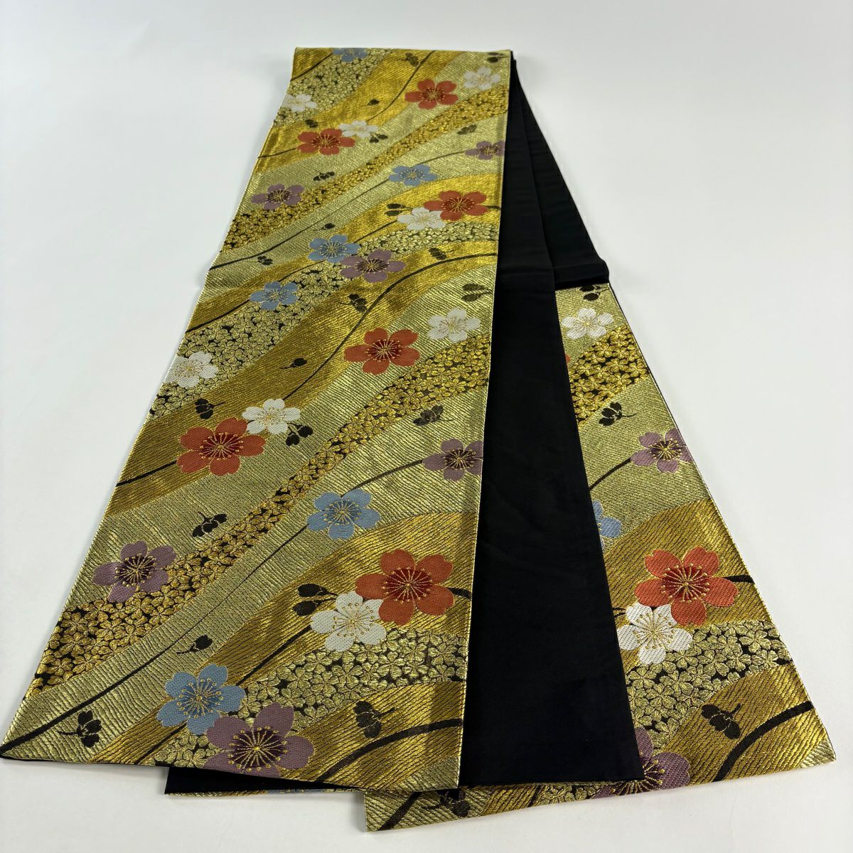 【美品】 袋帶 秀品級 櫻花 金絲 金金箔 金 六通 純蠶絲