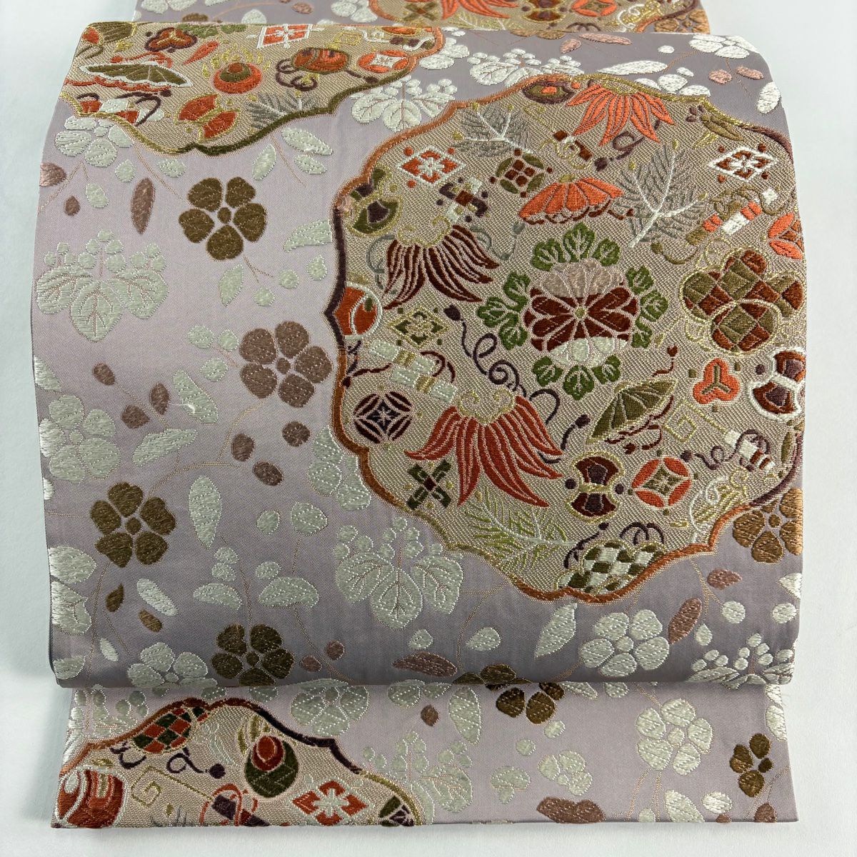 袋帶 秀品級 寶盡くし 桐 金絲 唐織 灰紫 六通 純蠶絲