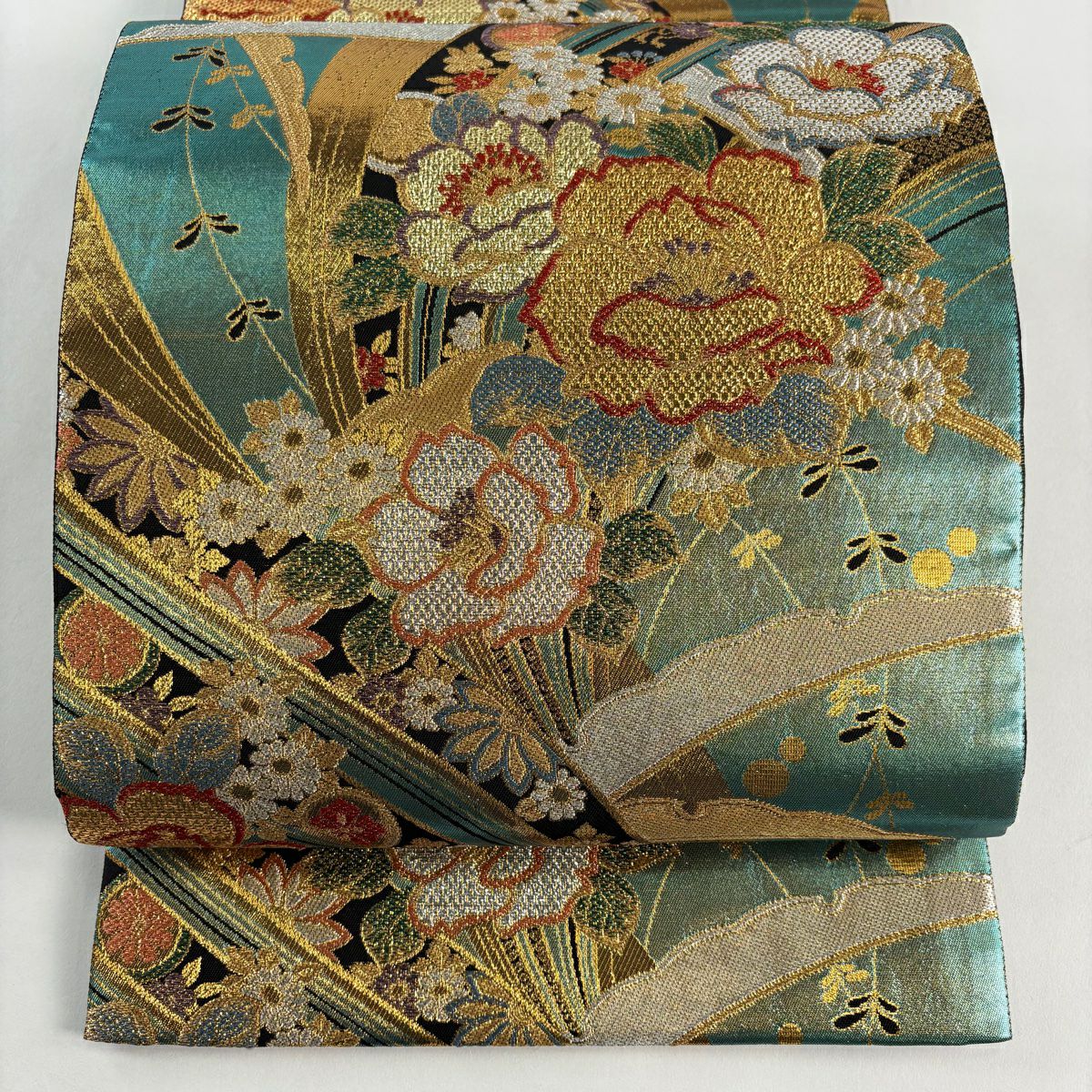 【美品】 袋帶 秀品級 草花紋紋 雪芝 金糸 金金箔 綠 六通 純蠶絲
