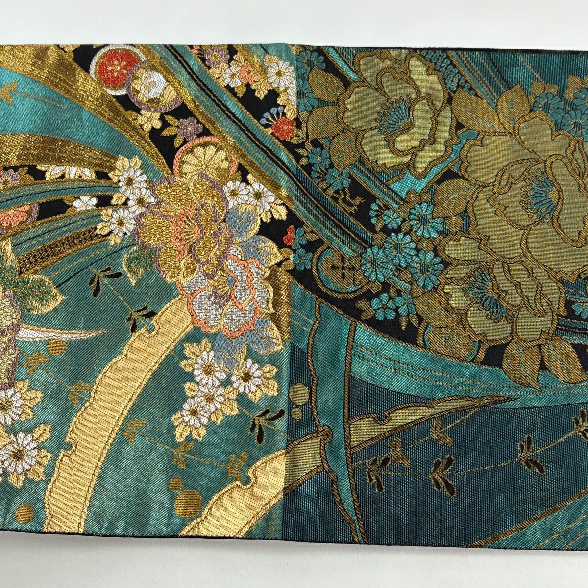 【美品】 袋帶 秀品級 草花紋紋 雪芝 金糸 金金箔 綠 六通 純蠶絲