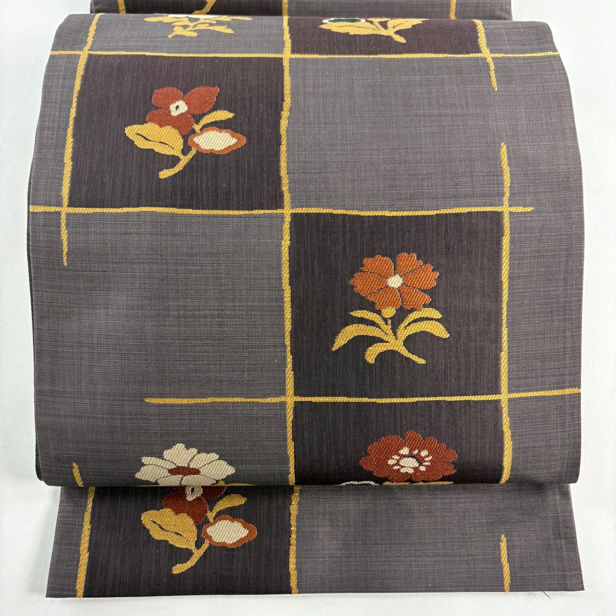 【美品】 袋帶 秀品級 落款あり 草花紋 灰紫 六通 純蠶絲
