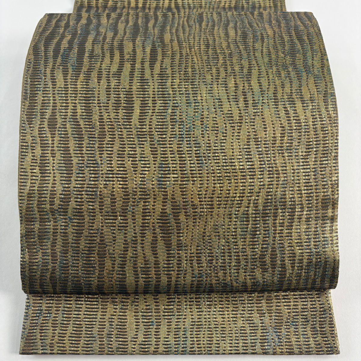 【美品】 袋帶 秀品級 幾何學 金絲 金金箔 茶綠 六通 純蠶絲