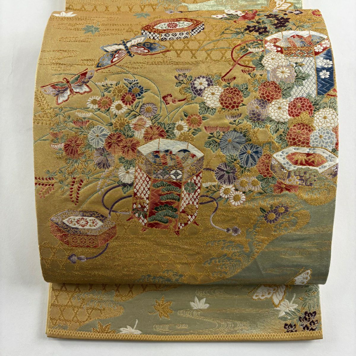 【美品】 袋帶 秀品級 關西仕立 紅貝桶 蝴蝶 金絲 金金箔 金色 六通 純蠶絲