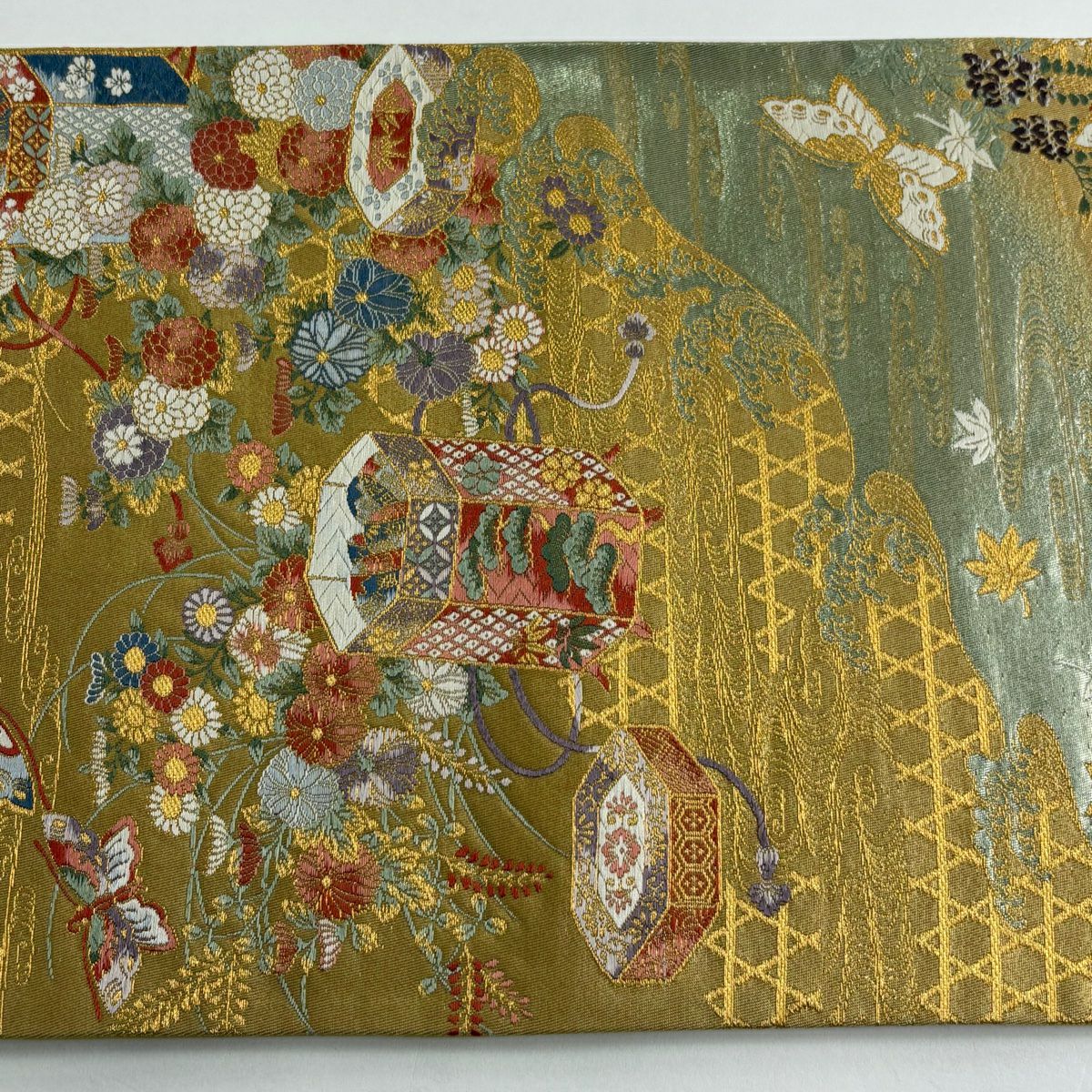 【美品】 袋帶 秀品級 關西仕立 紅貝桶 蝴蝶 金絲 金金箔 金色 六通 純蠶絲