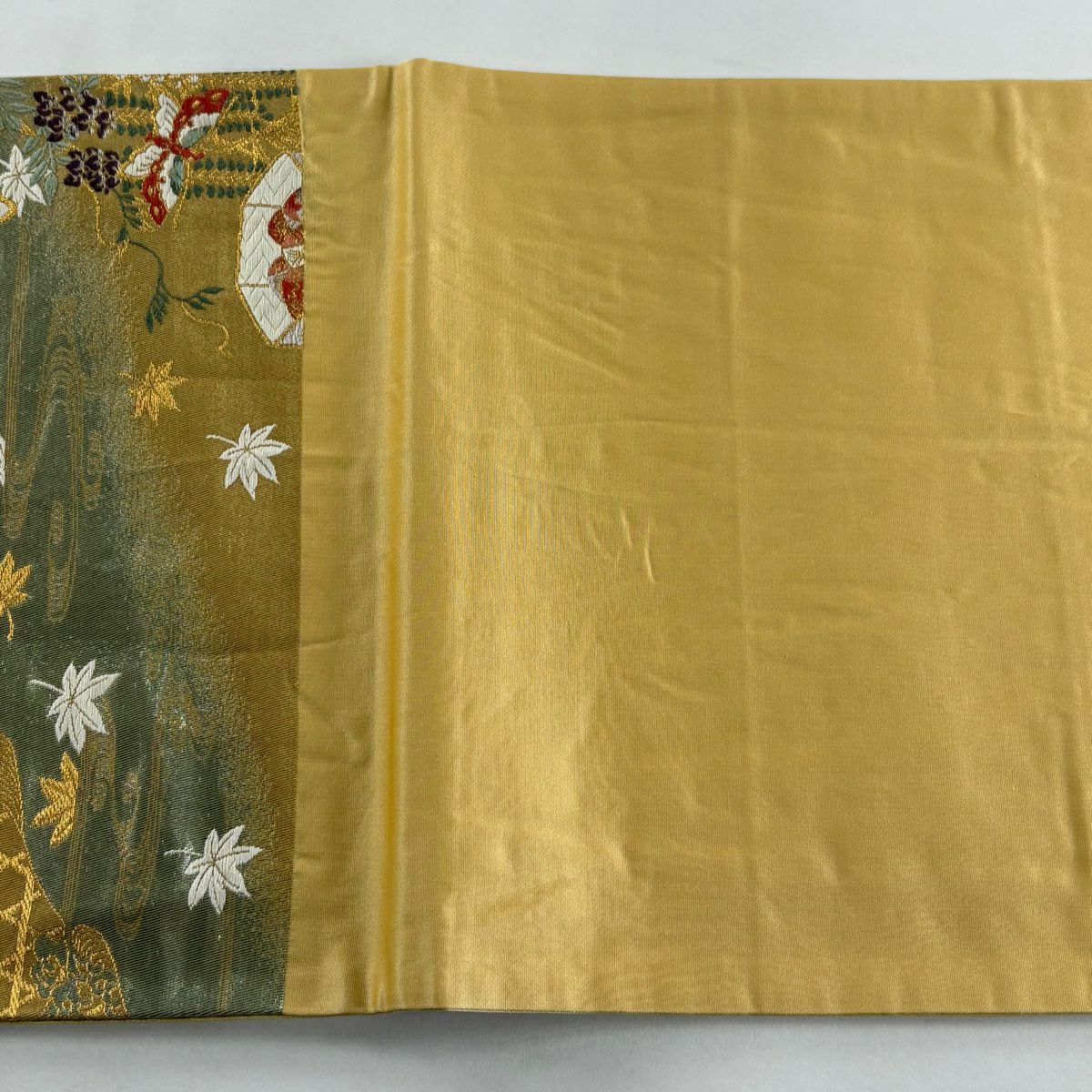【美品】 袋帶 秀品級 關西仕立 紅貝桶 蝴蝶 金絲 金金箔 金色 六通 純蠶絲