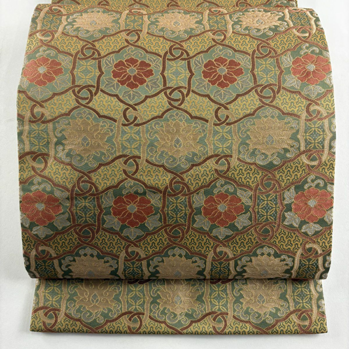 【美品】 袋帶 秀品級 有落款 あらいそ 花唐草紋 七寶 金金箔 艾草綠 全通 純蠶絲