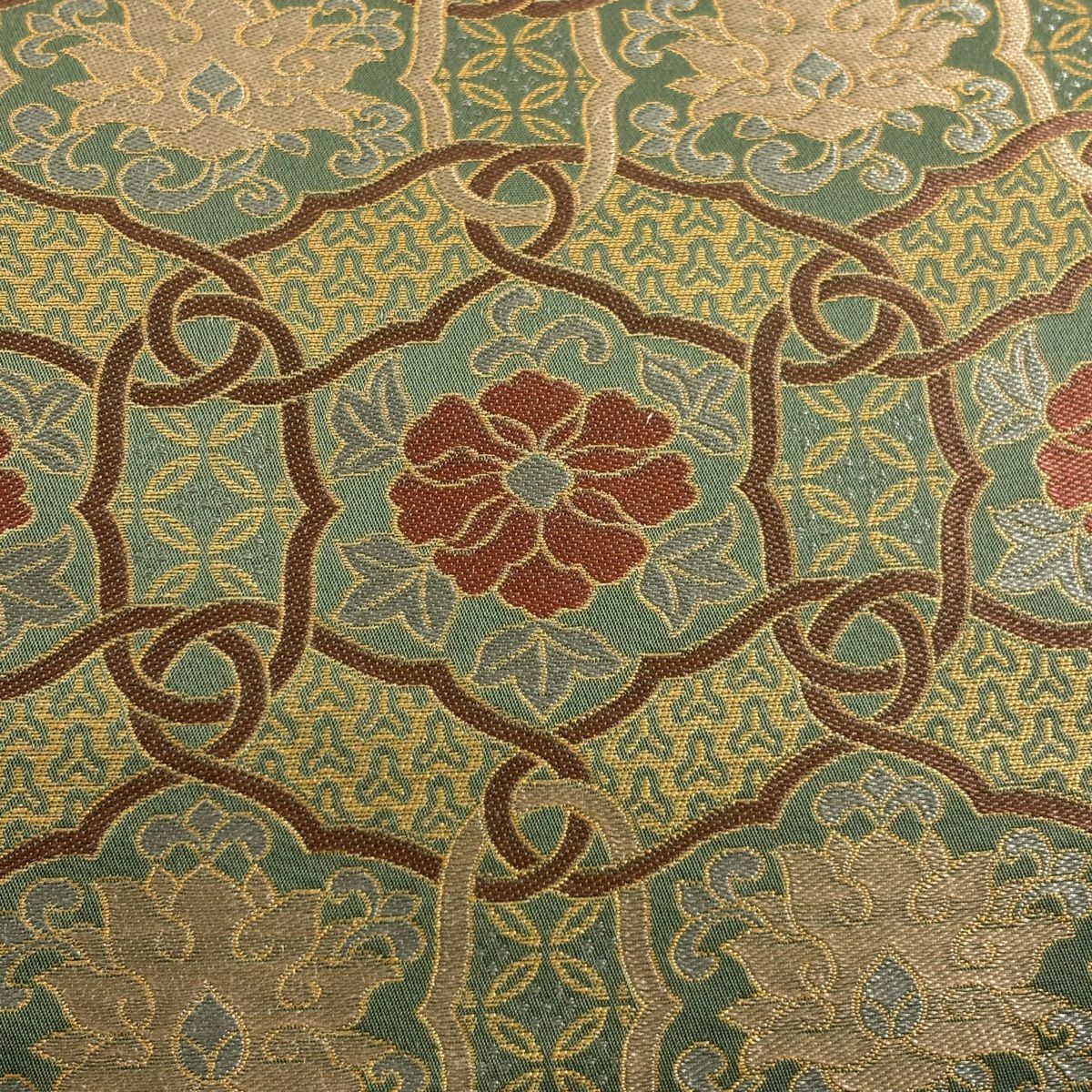 【美品】 袋帶 秀品級 有落款 あらいそ 花唐草紋 七寶 金金箔 艾草綠 全通 純蠶絲