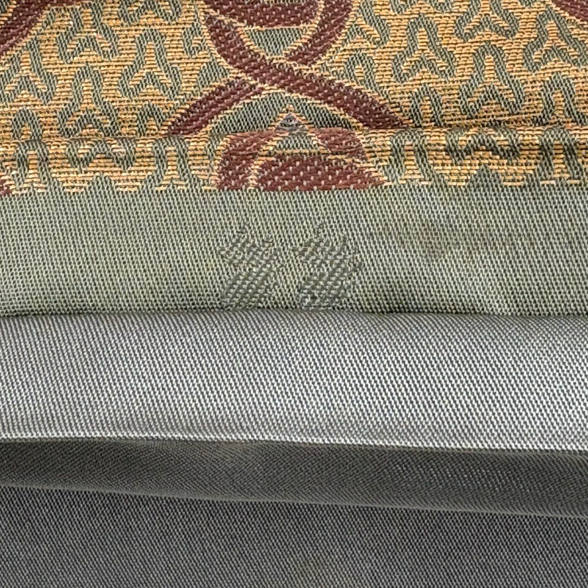 【美品】 袋帶 秀品級 有落款 あらいそ 花唐草紋 七寶 金金箔 艾草綠 全通 純蠶絲