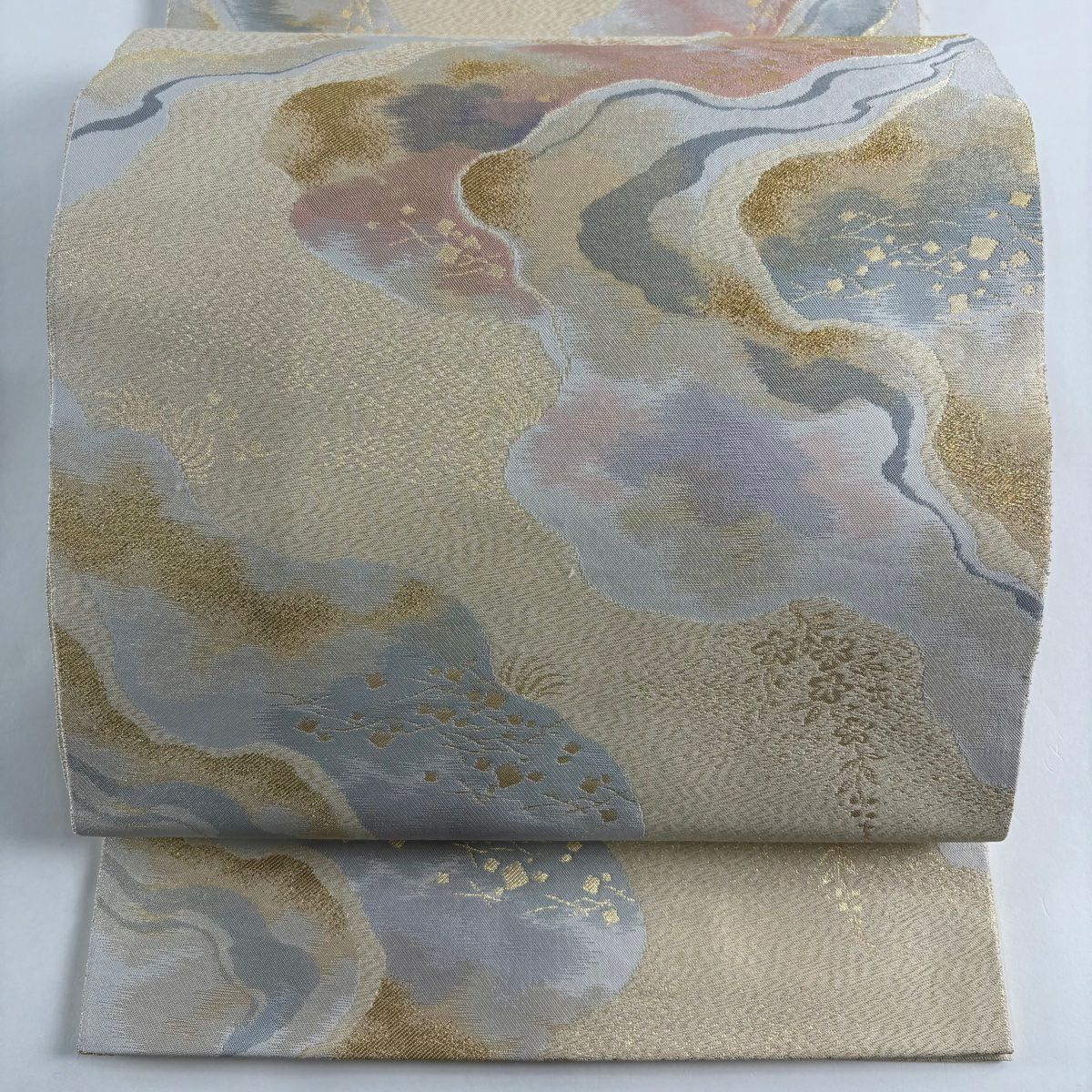 【美品】 袋帶 秀品級 關西仕立 道長取 金金箔散佈 金金絲 金色 大鼓圖案 純蠶絲