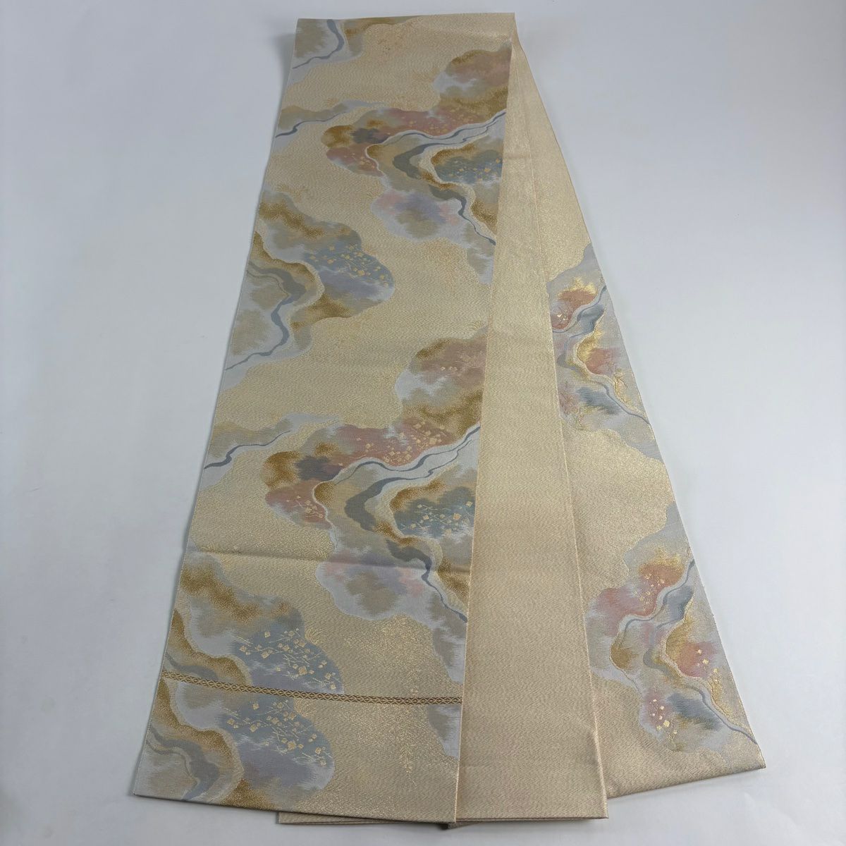 【美品】 袋帶 秀品級 關西仕立 道長取 金金箔散佈 金金絲 金色 大鼓圖案 純蠶絲