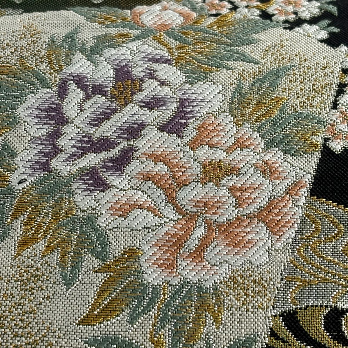 【美品】 袋帶 秀品級 江戶琳派 菊花 観世水 金絲 金金箔 黑 六通 純蠶絲