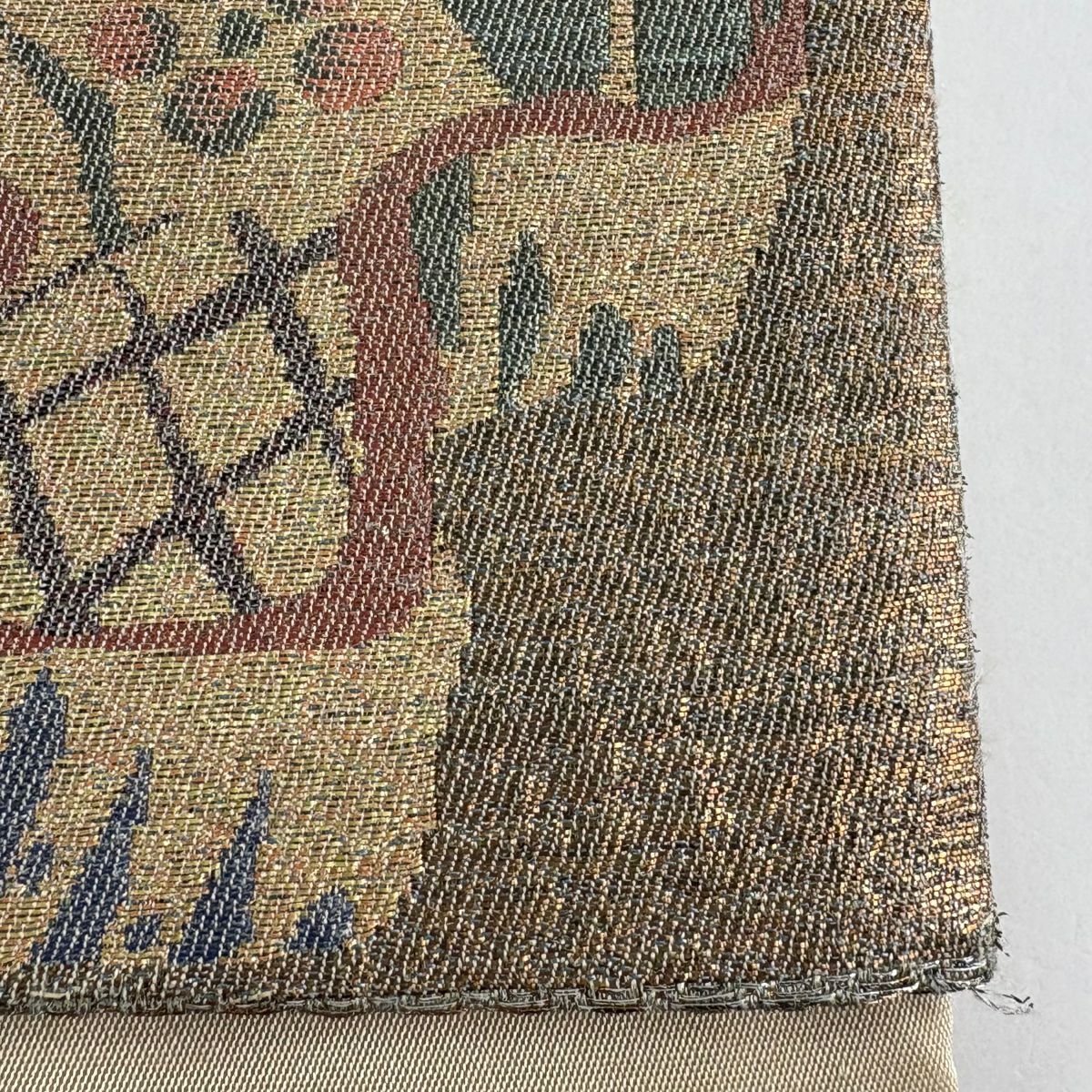【美品】 袋帶 秀品級 枝梅花 菱 金金箔 灰綠 六通 純蠶絲