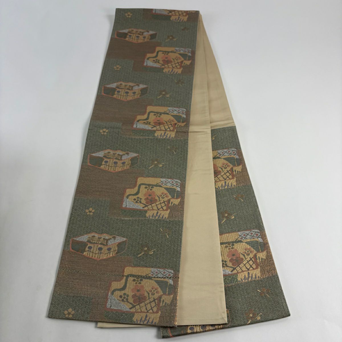 【美品】 袋帶 秀品級 枝梅花 菱 金金箔 灰綠 六通 純蠶絲