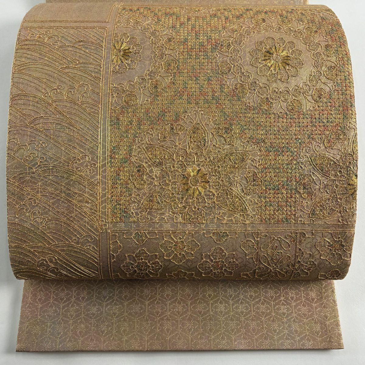 【美品】 袋帶 秀品級 華紋 花 金絲 金金箔 淺橙色 大鼓圖案 純蠶絲