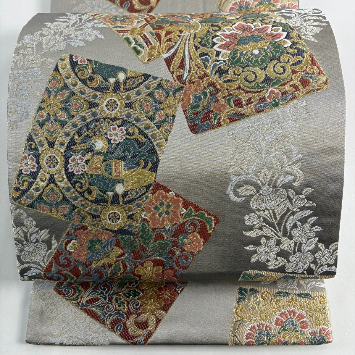【美品】 袋帶 秀品級 色紙 花鳥 金糸 金金箔 灰 深藍 六通 純蠶絲