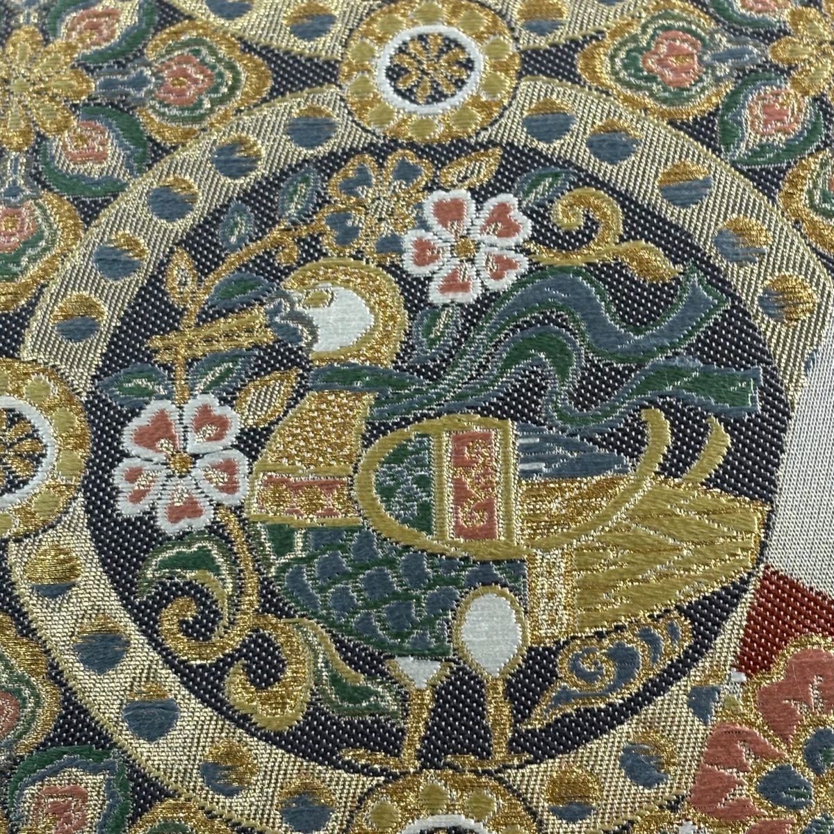 【美品】 袋帶 秀品級 色紙 花鳥 金糸 金金箔 灰 深藍 六通 純蠶絲