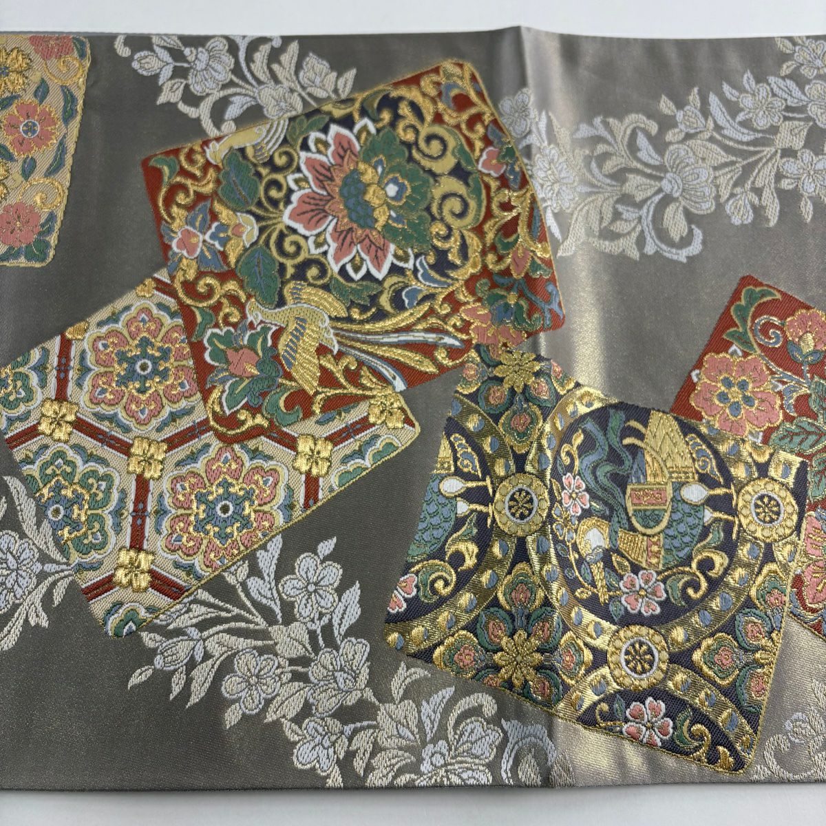 【美品】 袋帶 秀品級 色紙 花鳥 金糸 金金箔 灰 深藍 六通 純蠶絲