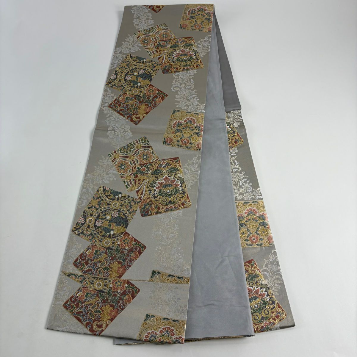 【美品】 袋帶 秀品級 色紙 花鳥 金糸 金金箔 灰 深藍 六通 純蠶絲