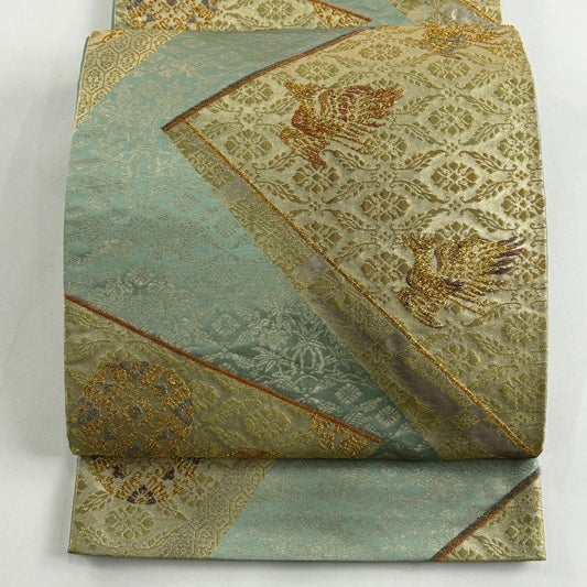 袋帶 秀品級 浮線綾紋 花鳥 金金箔 金絲 金 六通 純蠶絲