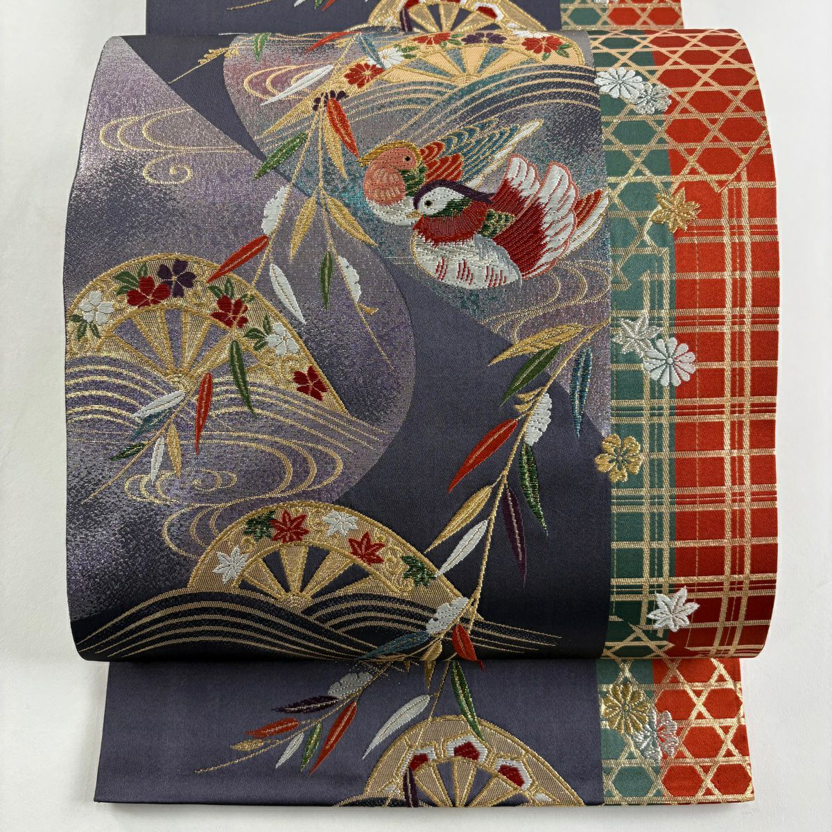 【美品】 袋帶 秀品級 鴛鴦 片輪車 唐織 金金箔 濃紫 六通 純蠶絲