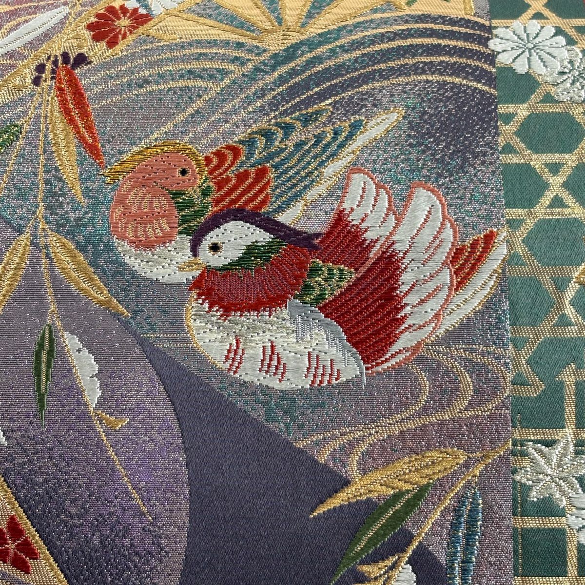 【美品】 袋帶 秀品級 鴛鴦 片輪車 唐織 金金箔 濃紫 六通 純蠶絲
