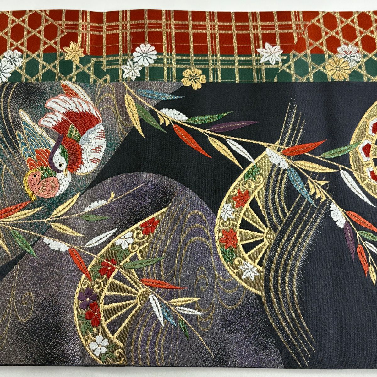 【美品】 袋帶 秀品級 鴛鴦 片輪車 唐織 金金箔 濃紫 六通 純蠶絲