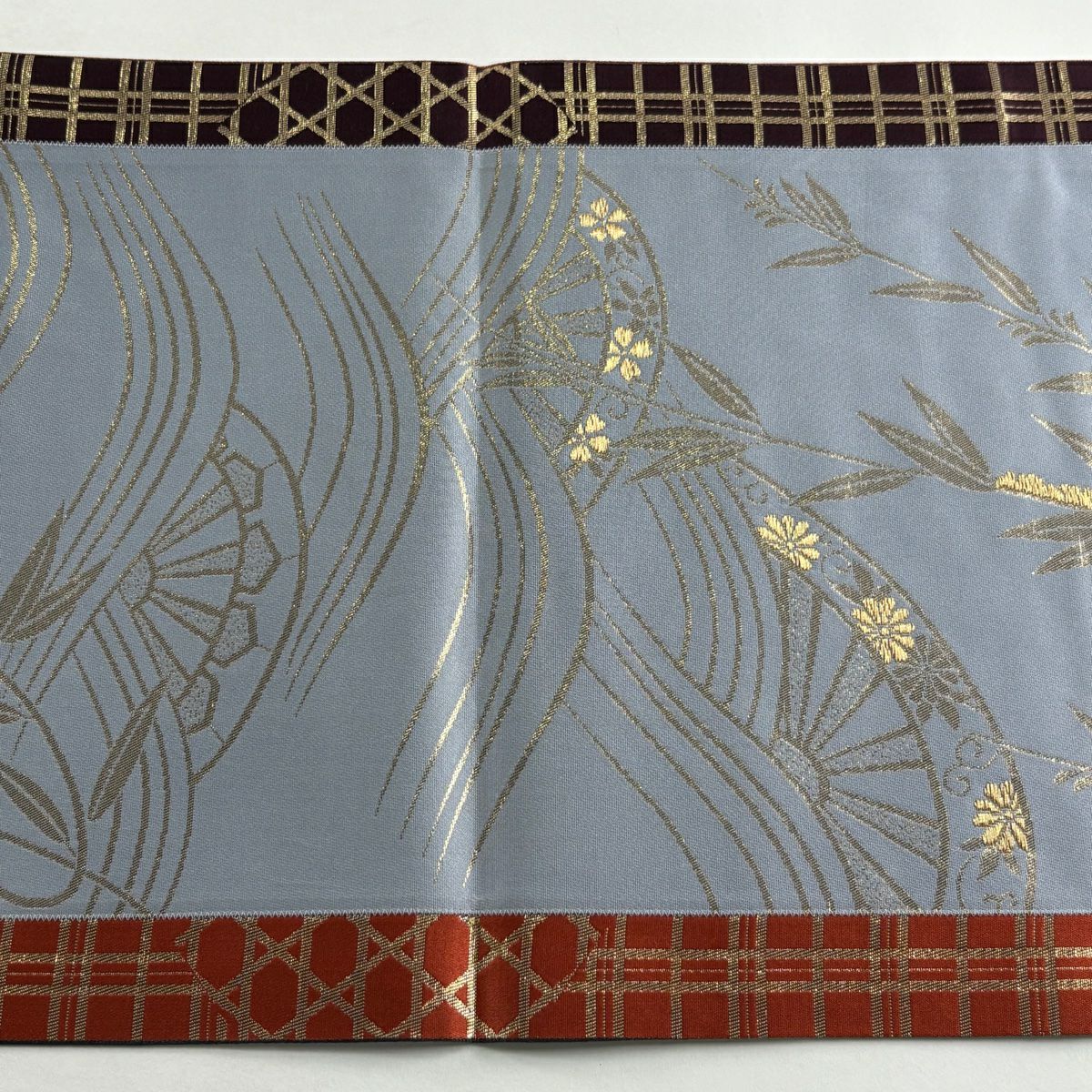 【美品】 袋帶 秀品級 鴛鴦 片輪車 唐織 金金箔 濃紫 六通 純蠶絲