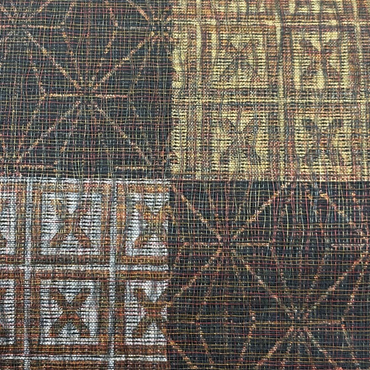 【美品】 袋帶 秀品級 變化市松樹 麻葉 金金箔 焦茶 六通 純蠶絲