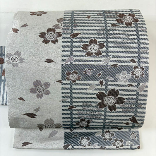【美品】名古屋帶 秀品級 花瓣 櫻花 灰白 純蠶絲