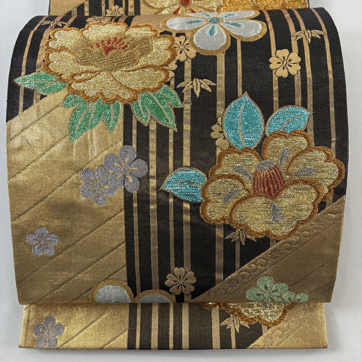 【美品】 袋帶 秀品級 椿 梅花 金絲 金金箔 金色 六通 純蠶絲