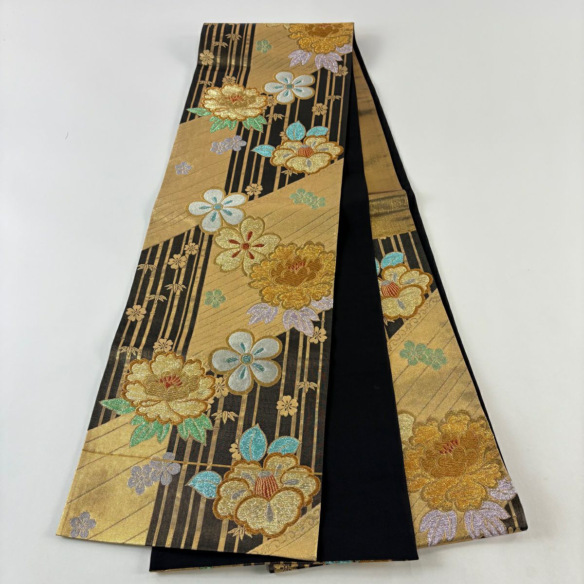 【美品】 袋帶 秀品級 椿 梅花 金絲 金金箔 金色 六通 純蠶絲