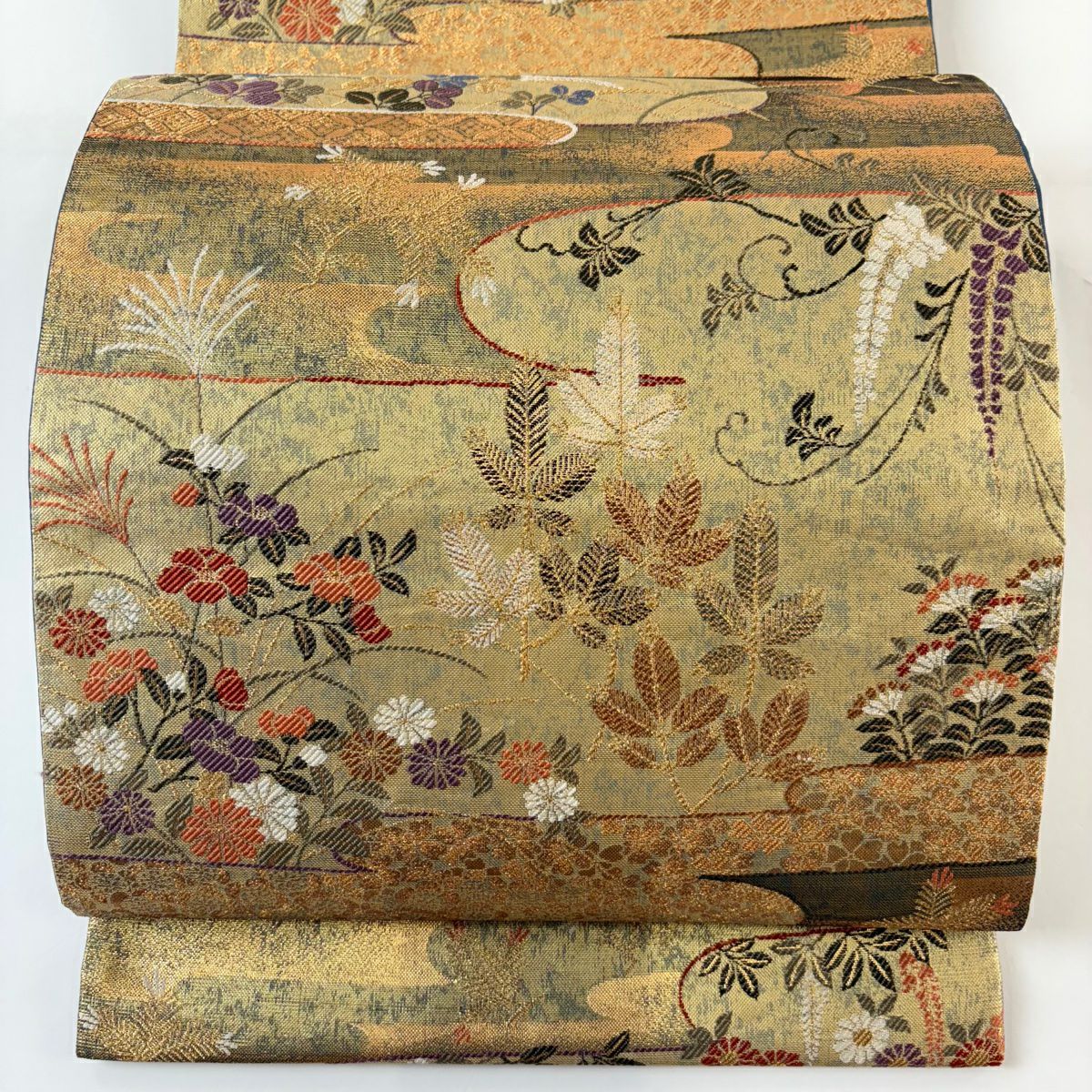 【美品】 袋帶 秀品級 雲霞彩花小袖繪文 金色 六通 純蠶絲