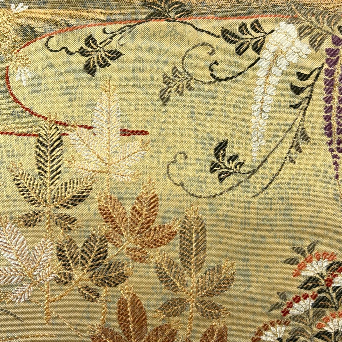 【美品】 袋帶 秀品級 雲霞彩花小袖繪文 金色 六通 純蠶絲