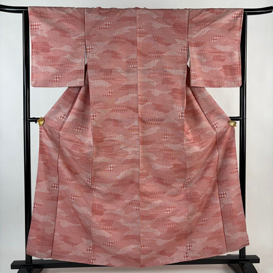 【美品】 紬織 身長159cm 袖長64cm M 雙層 幾何學圖案 粉米色 純蠶絲 名品級