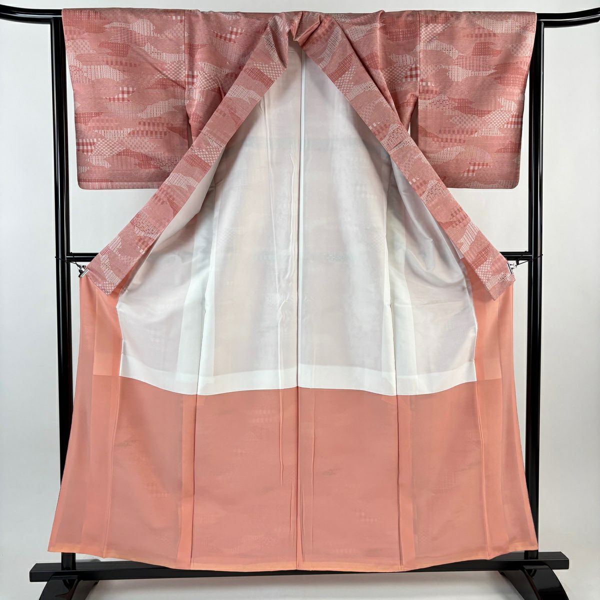 【美品】 紬織 身長159cm 袖長64cm M 雙層 幾何學圖案 粉米色 純蠶絲 名品級