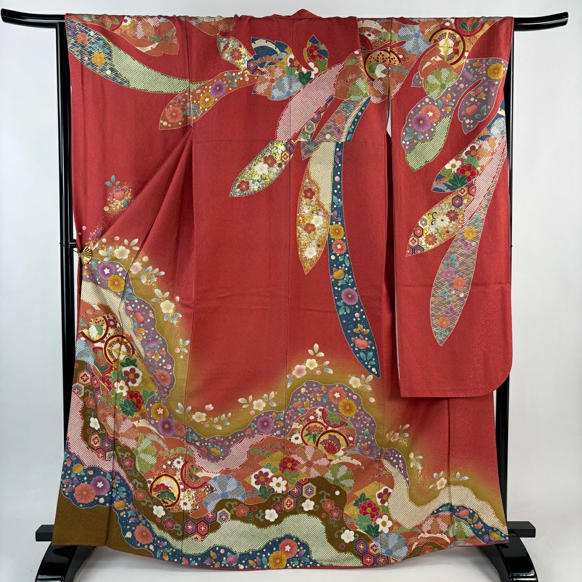 振袖禮服 身長166cm 袖長70cm L 雙層 草花紋紋 道長取 金絲 金通 茜 純蠶絲 名品級