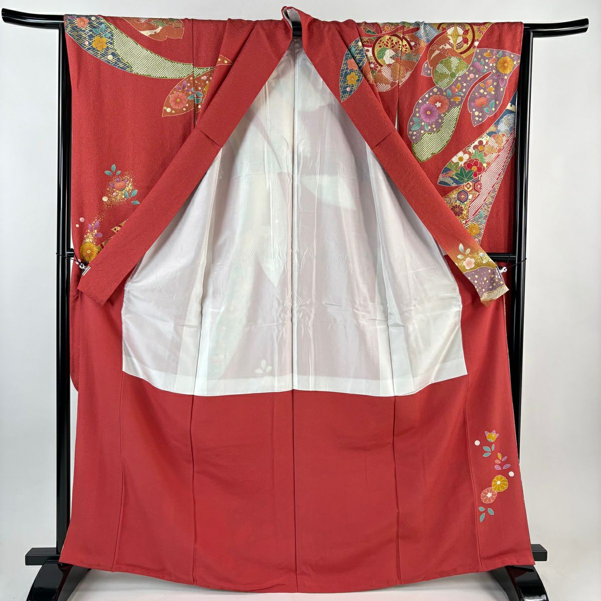 振袖禮服 身長166cm 袖長70cm L 雙層 草花紋紋 道長取 金絲 金通 茜 純蠶絲 名品級
