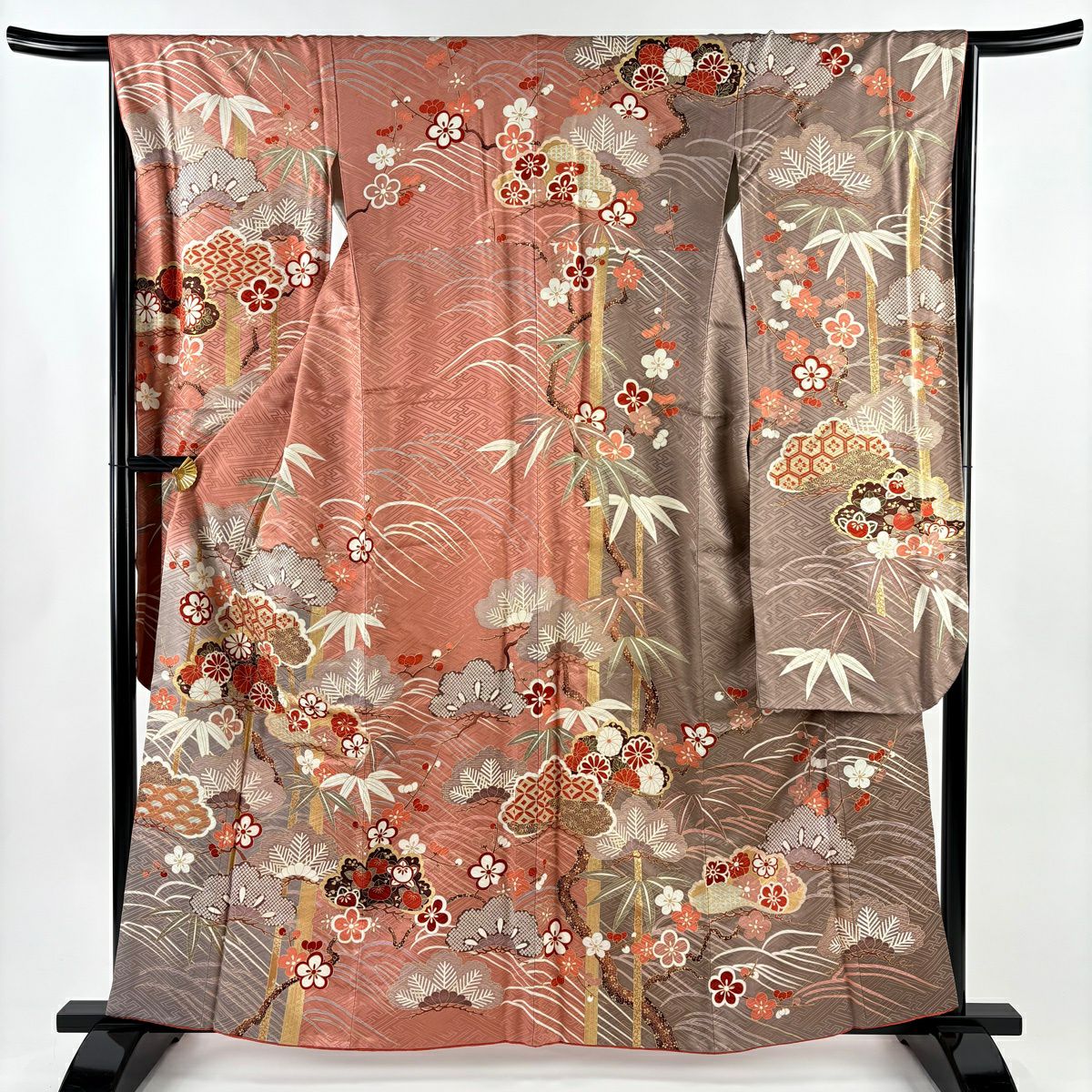 振袖禮服 身長160.5cm 袖長65cm M 雙層 松樹竹子梅花 菊花 金銀彩 粉米色 純蠶絲 名品級