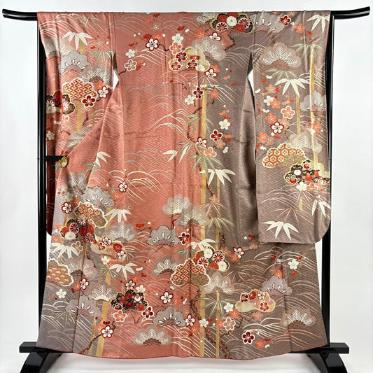 振袖禮服 身長160.5cm 袖長65cm M 雙層 松樹竹子梅花 菊花 金銀彩 粉米色 純蠶絲 名品級