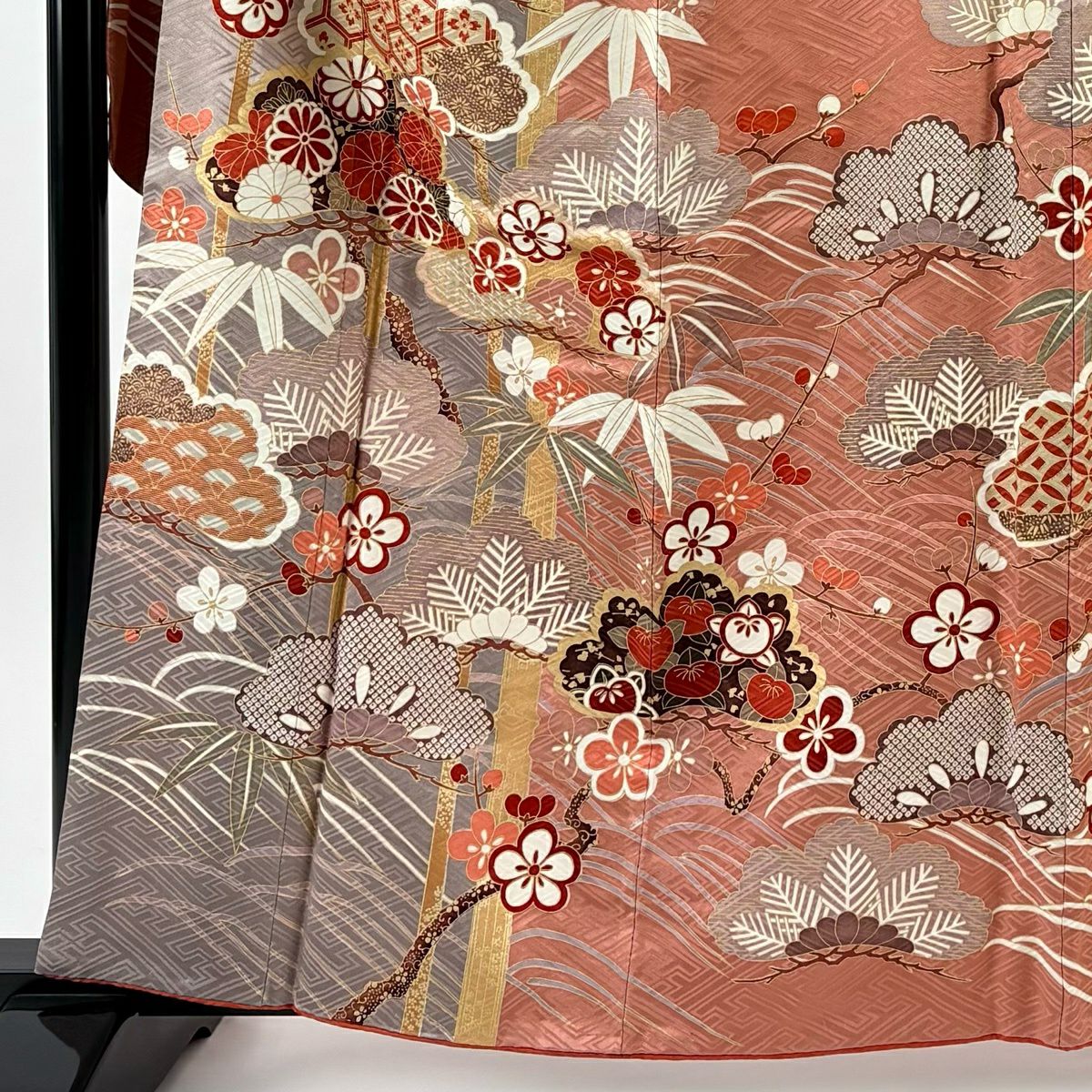 振袖禮服 身長160.5cm 袖長65cm M 雙層 松樹竹子梅花 菊花 金銀彩 粉米色 純蠶絲 名品級