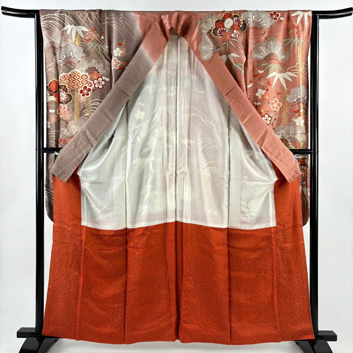 振袖禮服 身長160.5cm 袖長65cm M 雙層 松樹竹子梅花 菊花 金銀彩 粉米色 純蠶絲 名品級