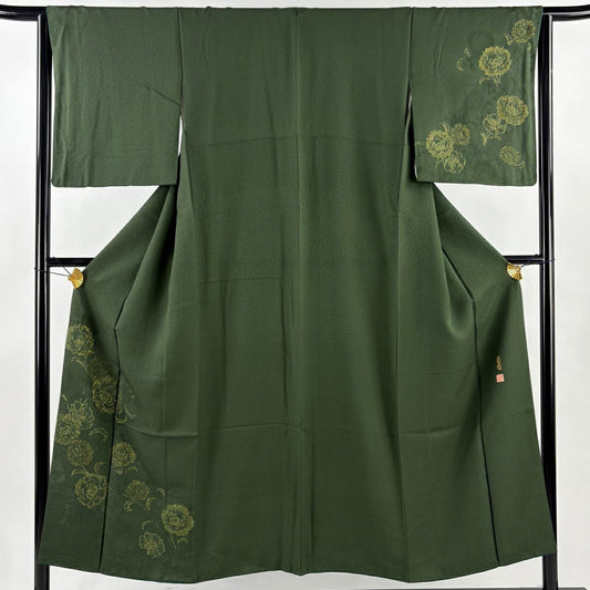 付下 身長151cm 袖長63cm S 雙層 山本寛斎 落款あり 花唐草紋 地紋 金金箔 拉麵金箔 深綠 純蠶絲 名品級