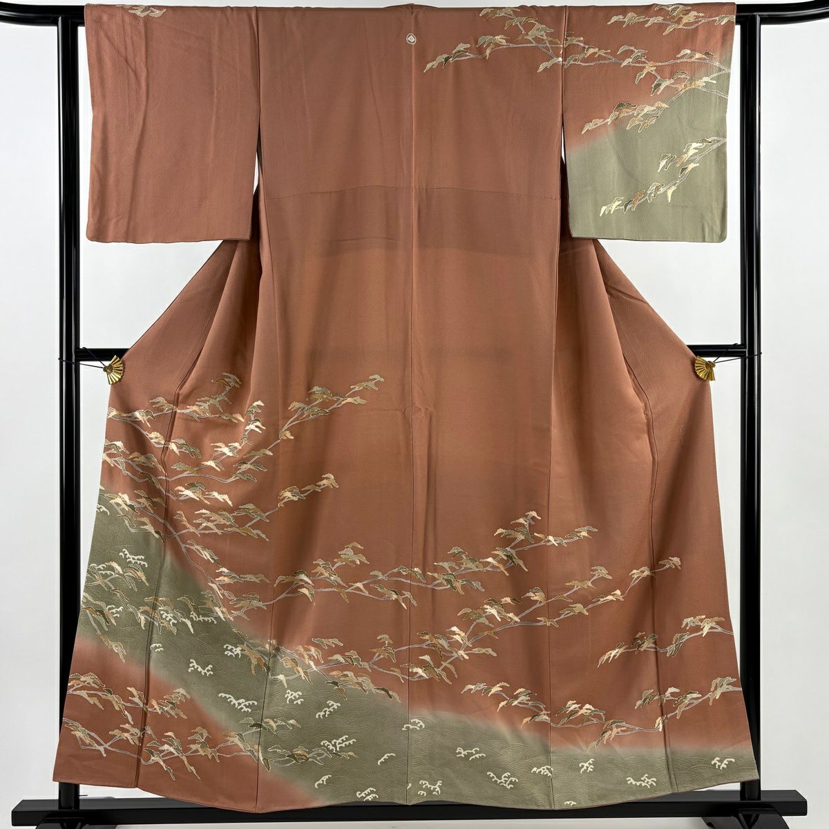 訪問服 身長155cm 袖長62.5cm S 雙層 松樹 波 蘇州刺繡 漸層 粉米色 純蠶絲 名品級 一つ紋