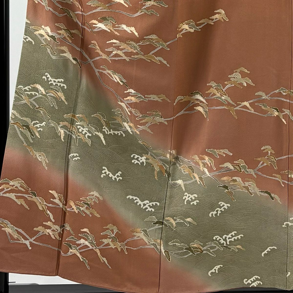 訪問服 身長155cm 袖長62.5cm S 雙層 松樹 波 蘇州刺繡 漸層 粉米色 純蠶絲 名品級 一つ紋