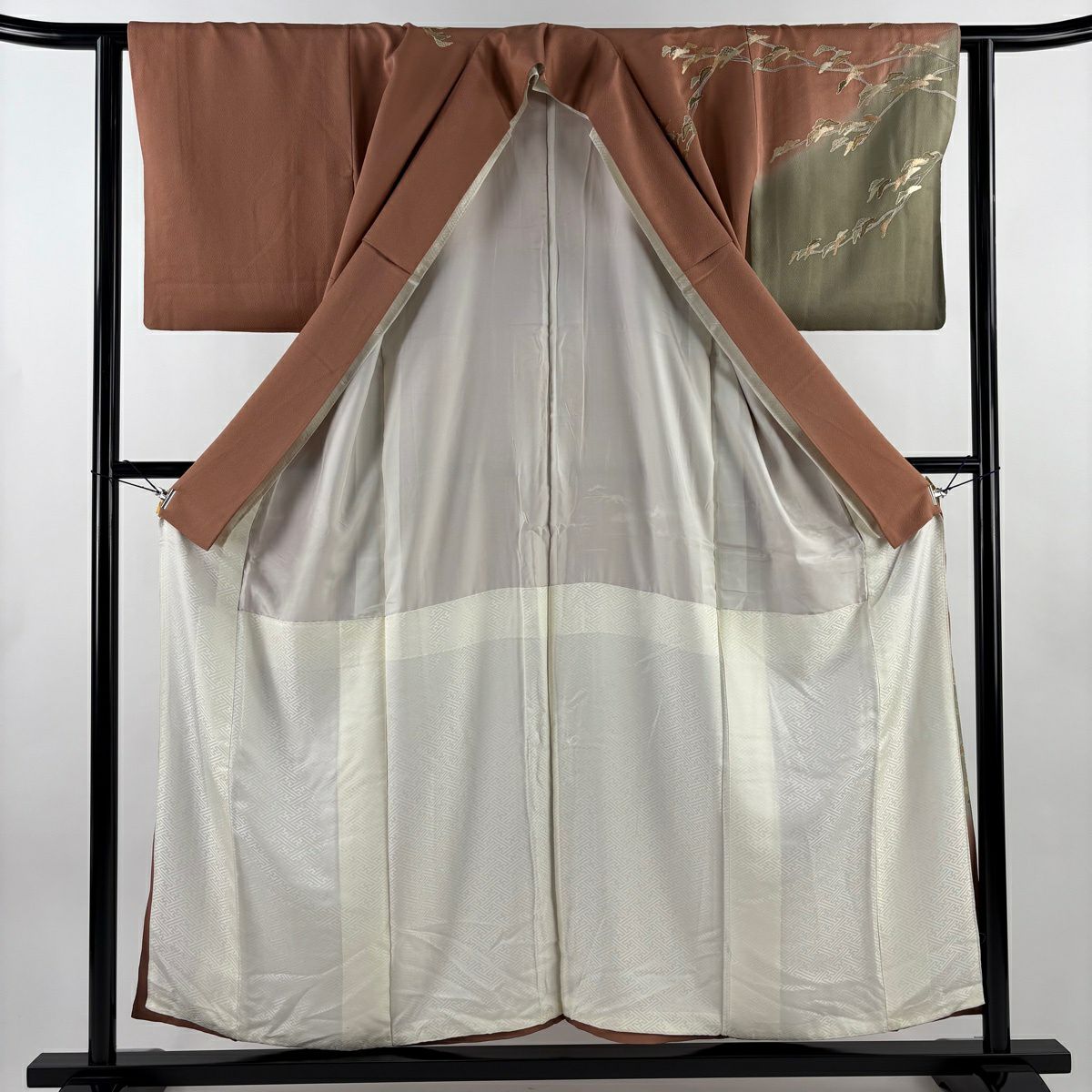 訪問服 身長155cm 袖長62.5cm S 雙層 松樹 波 蘇州刺繡 漸層 粉米色 純蠶絲 名品級 一つ紋