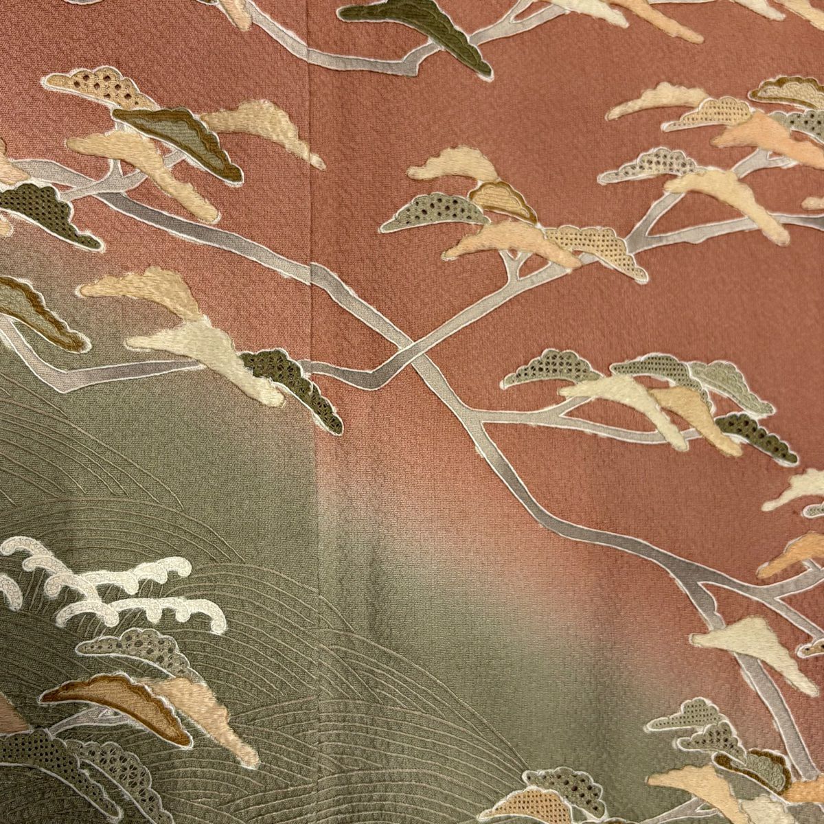訪問服 身長155cm 袖長62.5cm S 雙層 松樹 波 蘇州刺繡 漸層 粉米色 純蠶絲 名品級 一つ紋