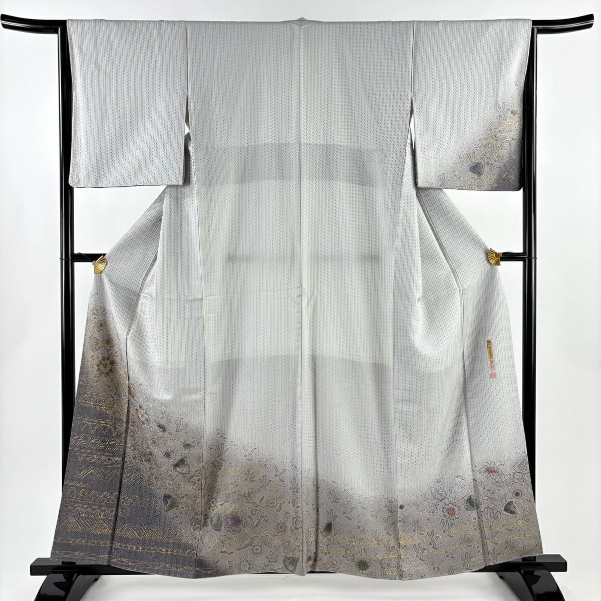 付下 身長159cm 袖長64.5cm M 雙層 落款 草花紋紋 幾何學 金銀彩 漸層 灰色 純蠶絲 名品級